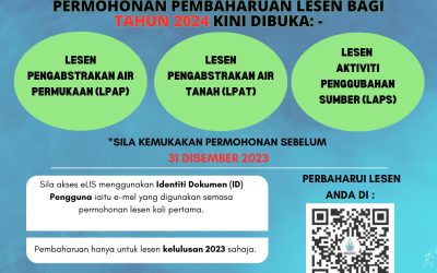 PERMOHONAN PEMBAHARUAN LESEN LEMBAGA SUMBER AIR TERENGGANU BAGI TAHUN 2024 MELALUI SISTEM eLIS SECARA ATAS TALIAN KINI DIBUKA